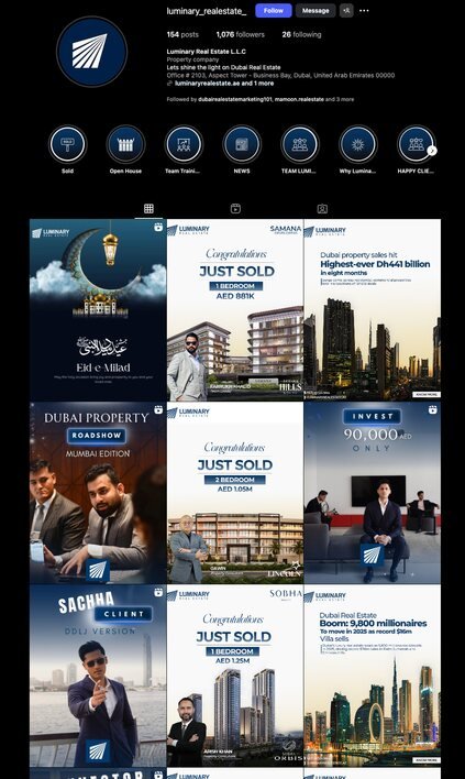 Luminary Real Estate Instagram page managed by Baytak Leads